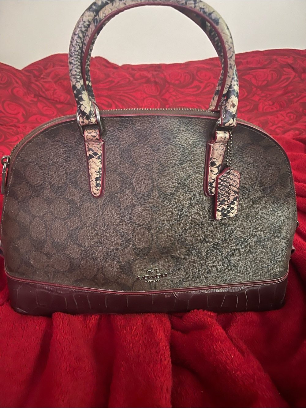 Coach Brown Signature Dome Satchel with Burgundy Trim and Printed Handles